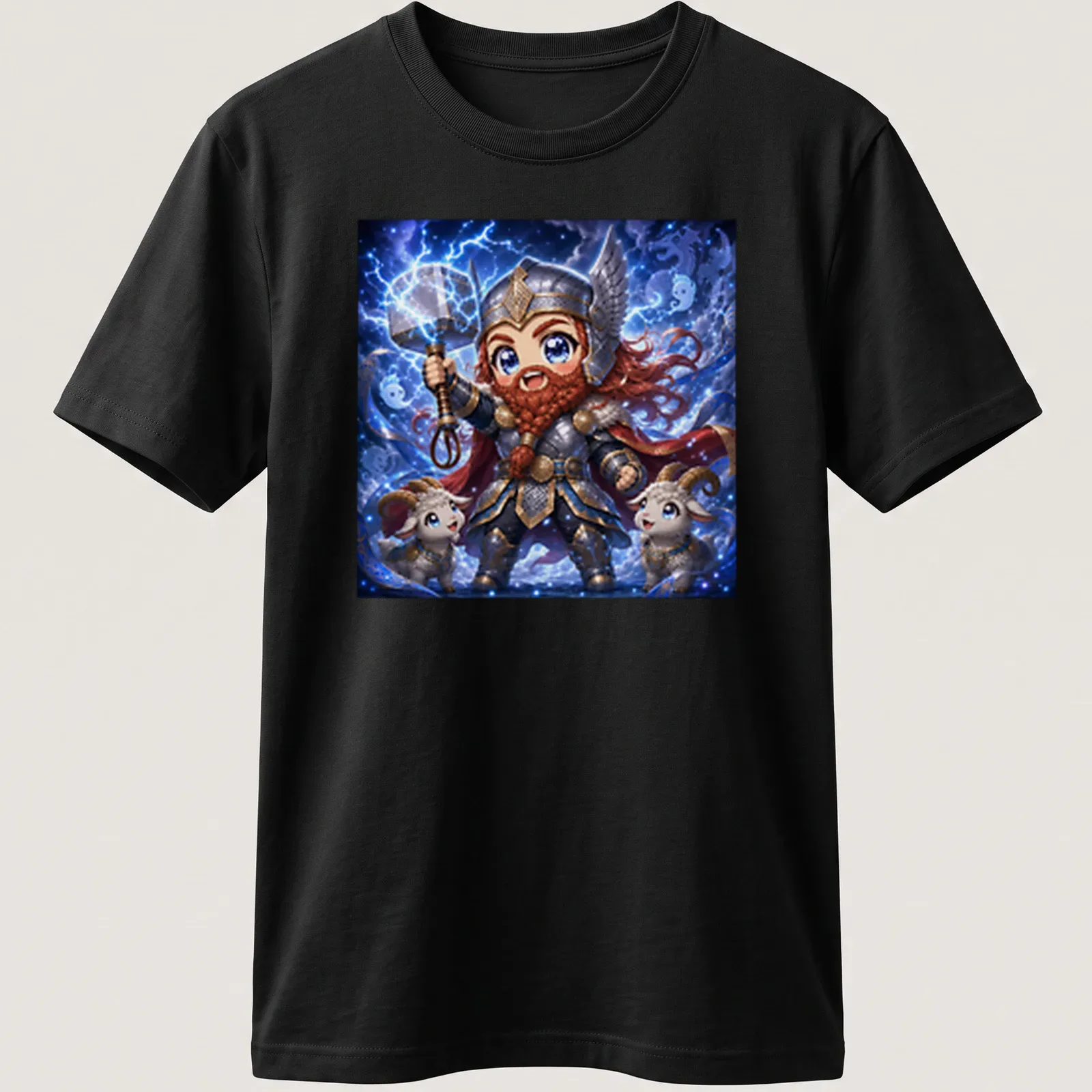 Kawaii Thor graphic with lightning bolts and goats in cute style — printed on a unisex t-shirt