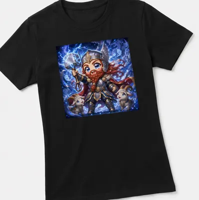 Kawaii Thor graphic with lightning bolts and goats in cute style — printed on a women's shirt