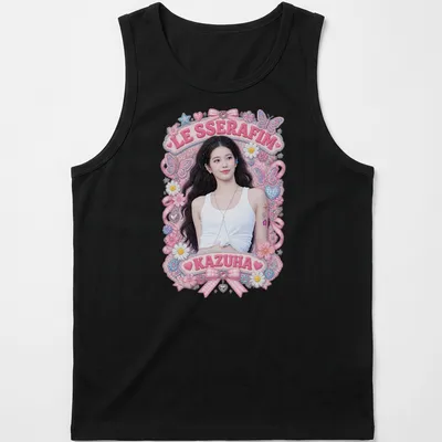 Colorful illustration of Kazuha from LE SSERAFIM with floral butterflies — printed on a tank top