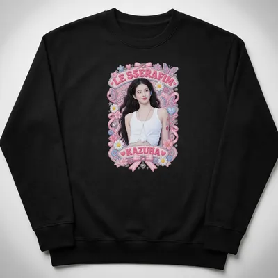 Colorful illustration of Kazuha from LE SSERAFIM with floral butterflies — printed on a unisex sweatshirt