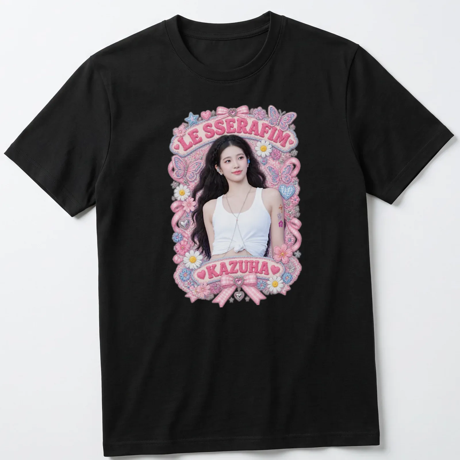 Colorful illustration of Kazuha from LE SSERAFIM with floral butterflies — printed on a unisex t-shirt