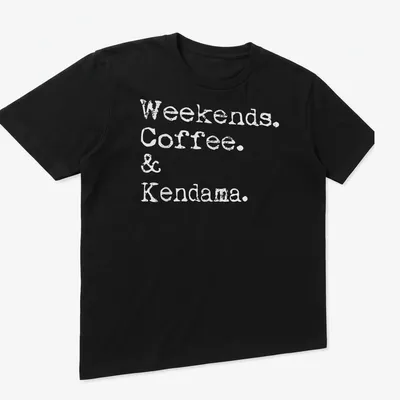 Kendama shirt featuring text: Weekends. Coffee. & Kendama. — printed on a unisex t-shirt (angled view)