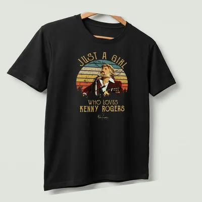 Retro vintage t-shirt featuring Kenny Rogers with colorful nostalgic text — printed on a unisex t-shirt (angled view)