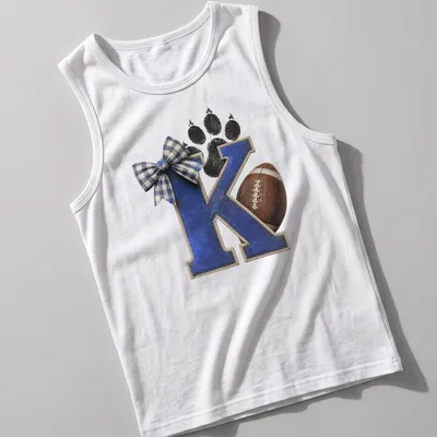 Vintage distressed shirt featuring a letter K, football, and paw print in blue and brown — printed on a tank top