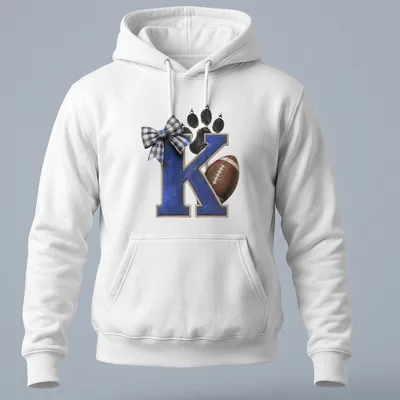 Vintage distressed shirt featuring a letter K, football, and paw print in blue and brown — printed on a unisex hoodie
