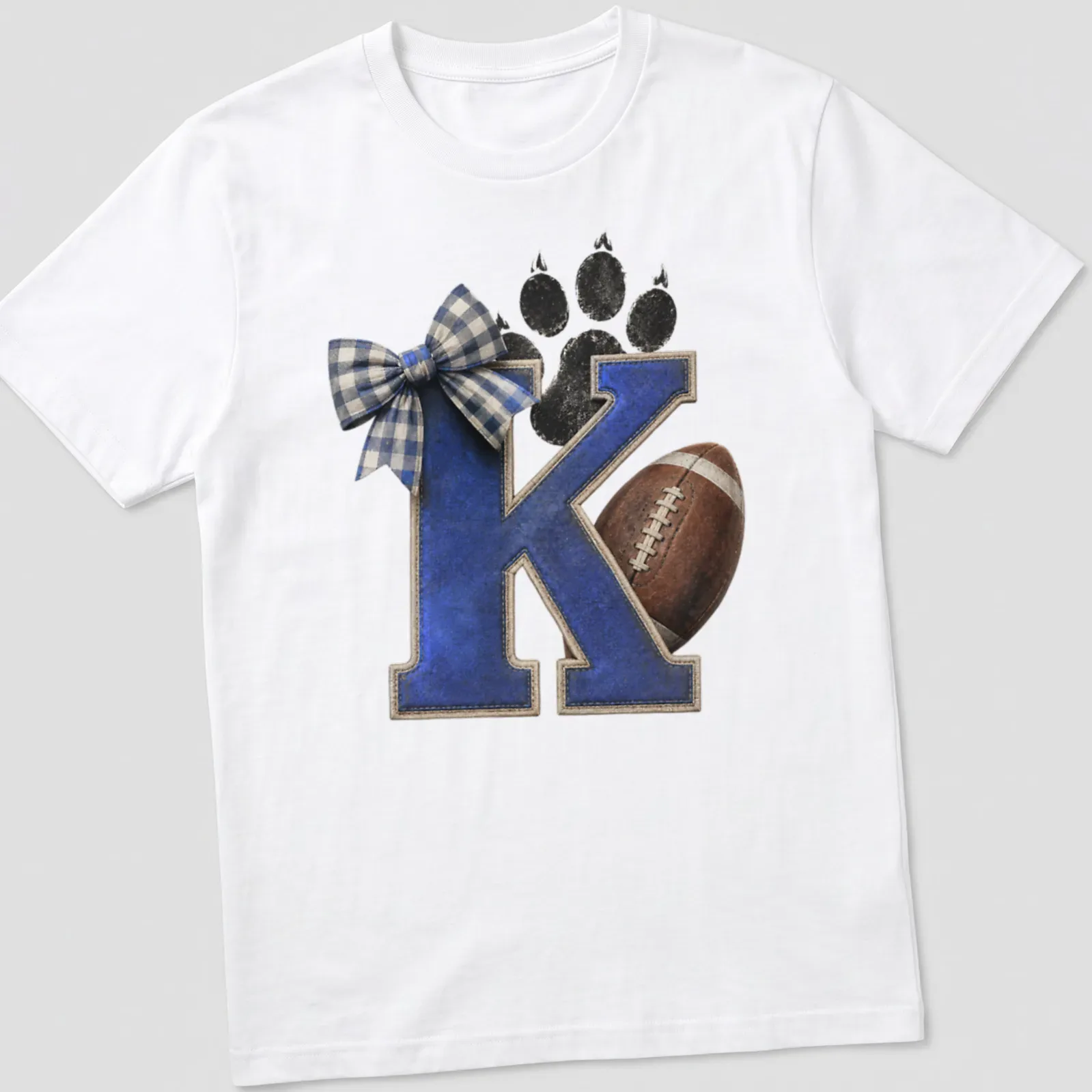 Vintage distressed shirt featuring a letter K, football, and paw print in blue and brown — printed on a unisex t-shirt