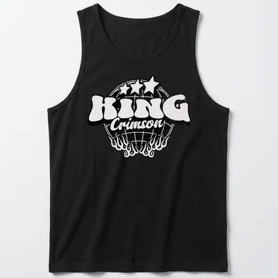 Vintage King Crimson logo in black and red on white background — printed on a tank top