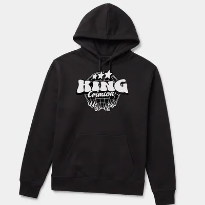 Vintage King Crimson logo in black and red on white background — printed on a unisex hoodie