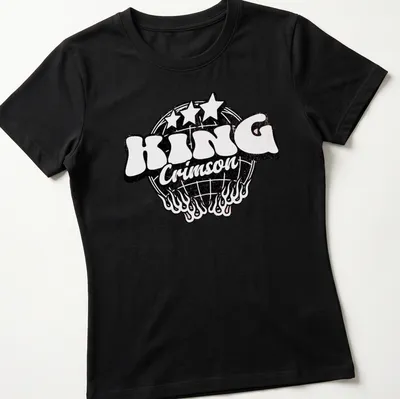 Vintage King Crimson logo in black and red on white background — printed on a women's shirt