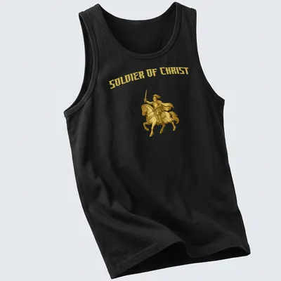Detailed illustration of a knight on horseback with the text Soldier Of Christ — printed on a tank top