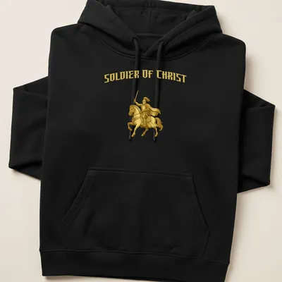 Detailed illustration of a knight on horseback with the text Soldier Of Christ — printed on a unisex hoodie