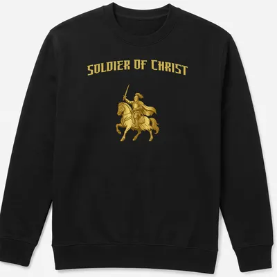 Detailed illustration of a knight on horseback with the text Soldier Of Christ — printed on a unisex sweatshirt
