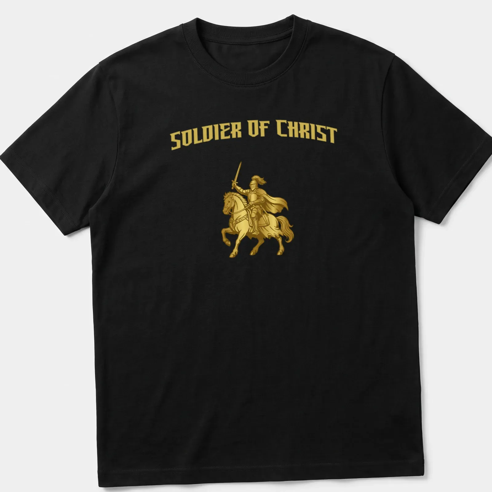 Detailed illustration of a knight on horseback with the text Soldier Of Christ — printed on a unisex t-shirt