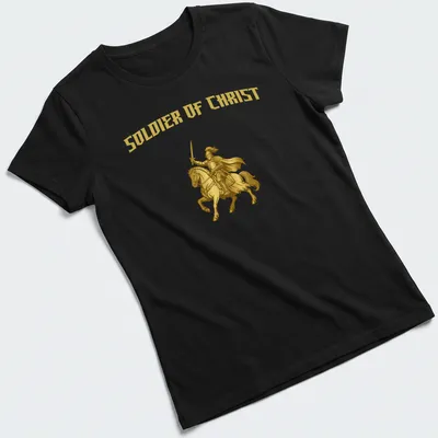 Detailed illustration of a knight on horseback with the text Soldier Of Christ — printed on a women's shirt