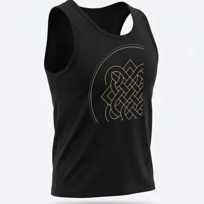 Minimalist line art of the Endless Knot in gold and white — printed on a tank top