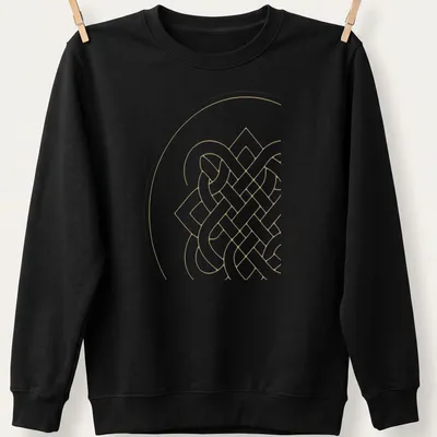 Minimalist line art of the Endless Knot in gold and white — printed on a unisex sweatshirt