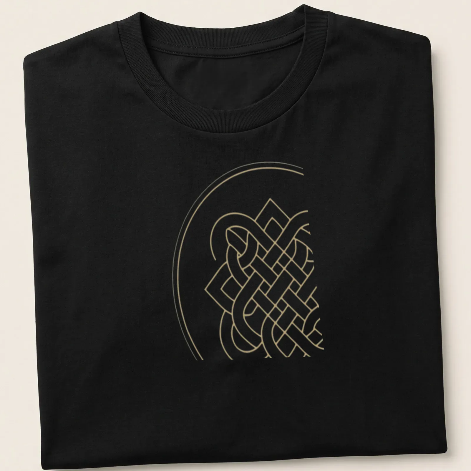 Minimalist line art of the Endless Knot in gold and white — printed on a unisex t-shirt