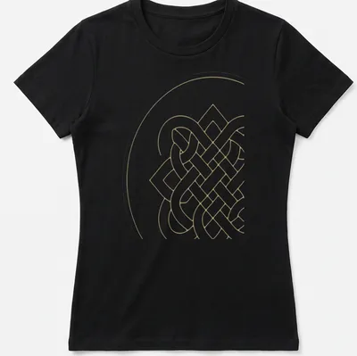 Minimalist line art of the Endless Knot in gold and white — printed on a women's shirt