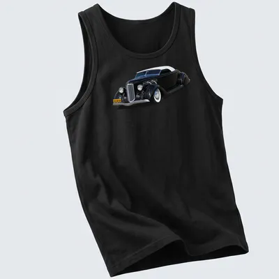Illustration of a 1936 Lead Sled hot rod with Elegant Customs text in classic style — printed on a tank top