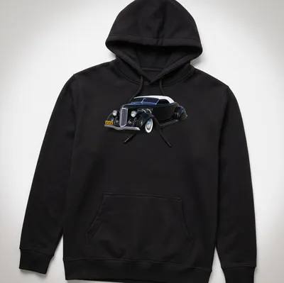 Illustration of a 1936 Lead Sled hot rod with Elegant Customs text in classic style — printed on a unisex hoodie
