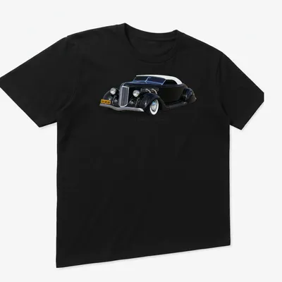 Illustration of a 1936 Lead Sled hot rod with Elegant Customs text in classic style — printed on a unisex t-shirt (angled view)