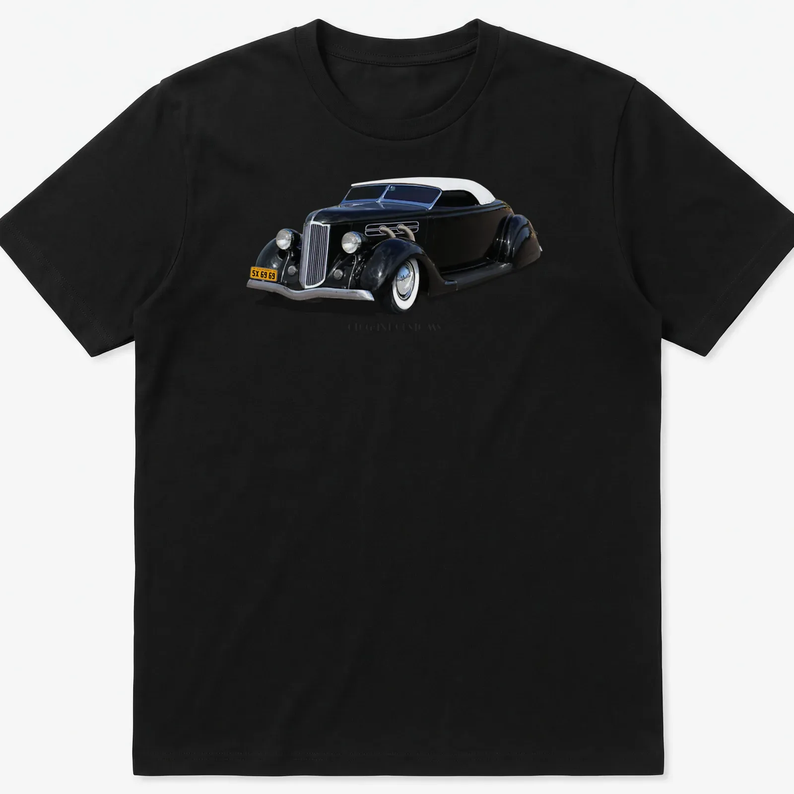 Illustration of a 1936 Lead Sled hot rod with Elegant Customs text in classic style — printed on a unisex t-shirt