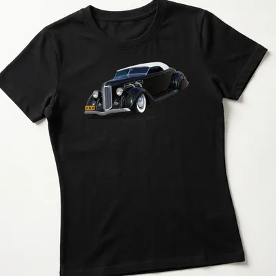 Illustration of a 1936 Lead Sled hot rod with Elegant Customs text in classic style — printed on a women's shirt