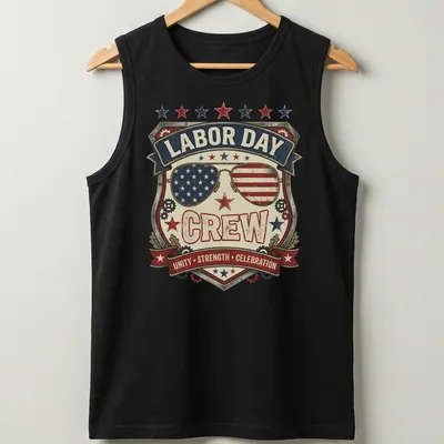 Vintage distressed Labor Day Crew shirt with sunglasses badge in red, white, blue, and cream — printed on a tank top