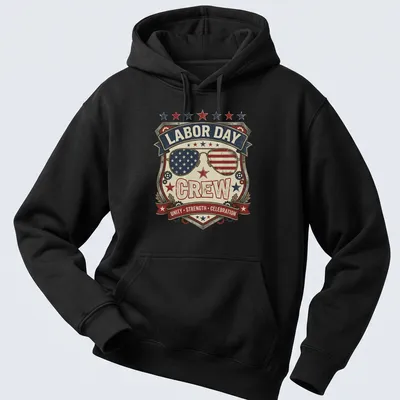 Vintage distressed Labor Day Crew shirt with sunglasses badge in red, white, blue, and cream — printed on a unisex hoodie