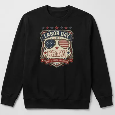 Vintage distressed Labor Day Crew shirt with sunglasses badge in red, white, blue, and cream — printed on a unisex sweatshirt