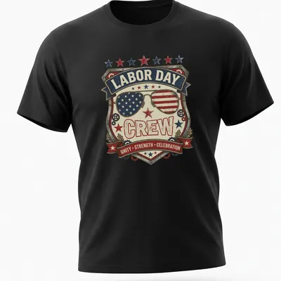 Vintage distressed Labor Day Crew shirt with sunglasses badge in red, white, blue, and cream — printed on a unisex t-shirt