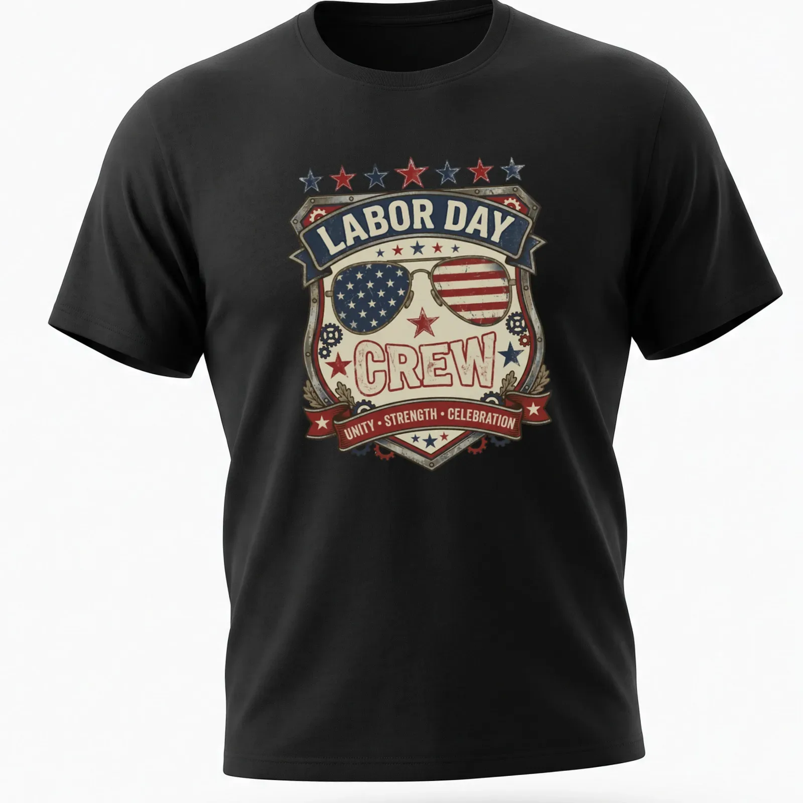 Vintage distressed Labor Day Crew shirt with sunglasses badge in red, white, blue, and cream — printed on a unisex t-shirt