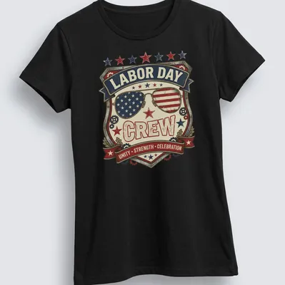 Vintage distressed Labor Day Crew shirt with sunglasses badge in red, white, blue, and cream — printed on a women's shirt