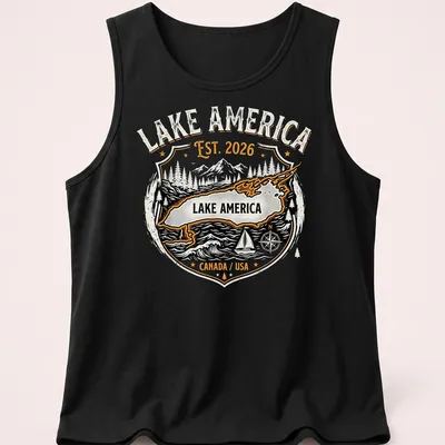 Vintage badge Lake America t-shirt with black, orange, and white text — printed on a tank top