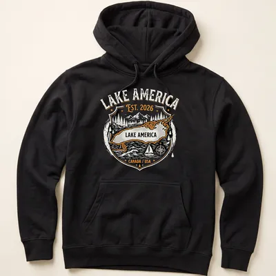 Vintage badge Lake America t-shirt with black, orange, and white text — printed on a unisex hoodie
