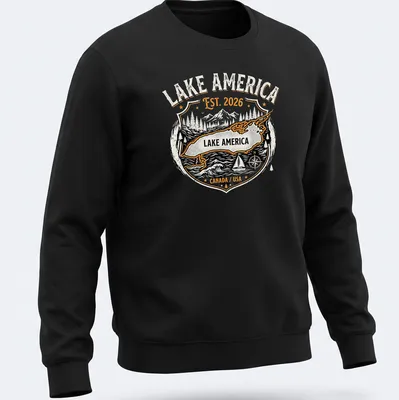 Vintage badge Lake America t-shirt with black, orange, and white text — printed on a unisex sweatshirt
