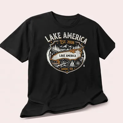 Vintage badge Lake America t-shirt with black, orange, and white text — printed on a unisex t-shirt (angled view)