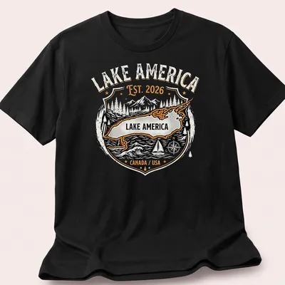 Vintage badge Lake America t-shirt with black, orange, and white text — printed on a unisex t-shirt