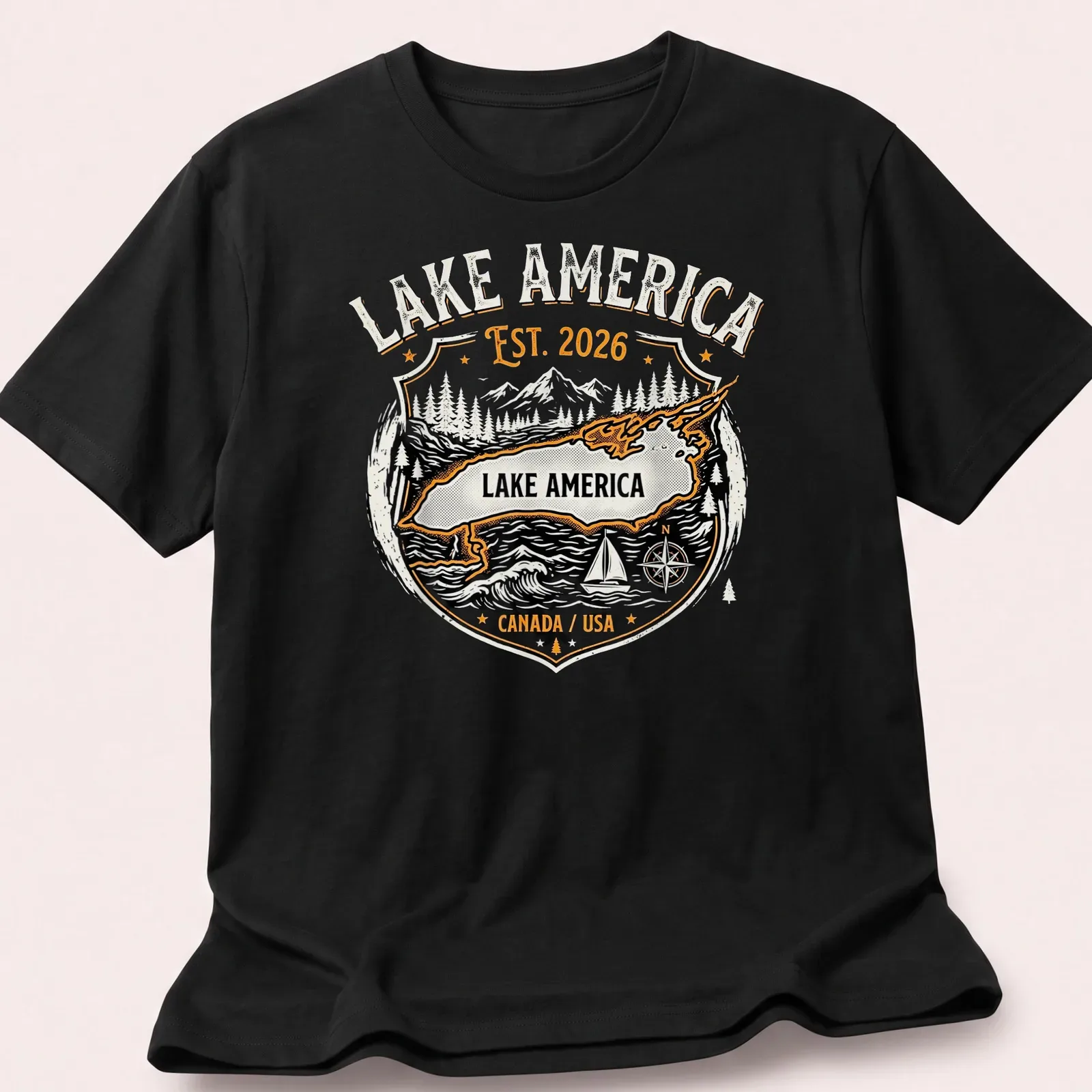 Vintage badge Lake America t-shirt with black, orange, and white text — printed on a unisex t-shirt