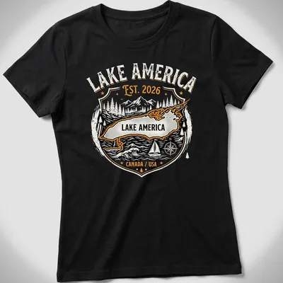 Vintage badge Lake America t-shirt with black, orange, and white text — printed on a women's shirt