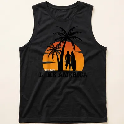 Tropical sunset design with surfing silhouette and text on — printed on a tank top