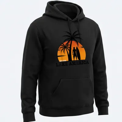 Tropical sunset design with surfing silhouette and text on — printed on a unisex hoodie