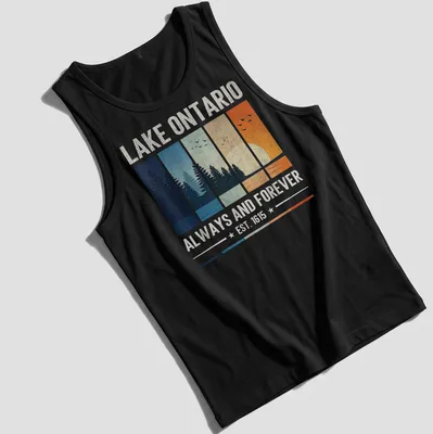 Vintage landscape print of Lake Ontario with trees and sunset in soft colors. — printed on a tank top