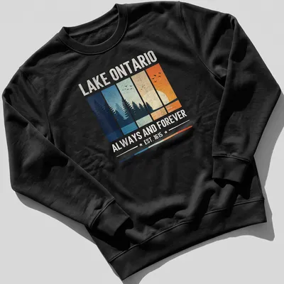 Vintage landscape print of Lake Ontario with trees and sunset in soft colors. — printed on a unisex sweatshirt