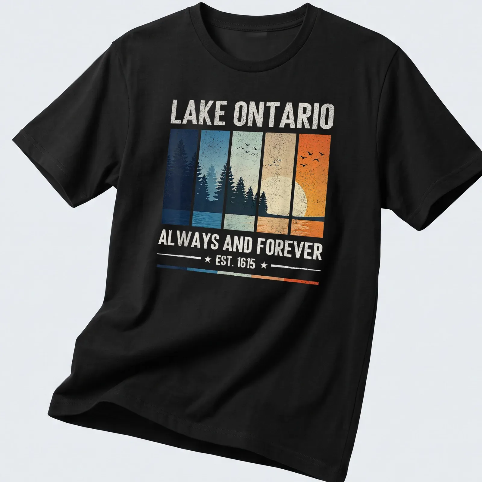 Vintage landscape print of Lake Ontario with trees and sunset in soft colors. — printed on a unisex t-shirt