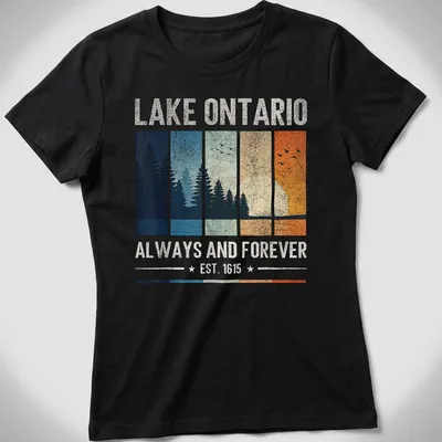 Vintage landscape print of Lake Ontario with trees and sunset in soft colors. — printed on a women's shirt