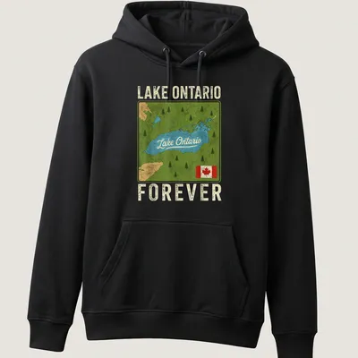 Vintage map style t-shirt featuring Lake Ontario Forever in various colors — printed on a unisex hoodie