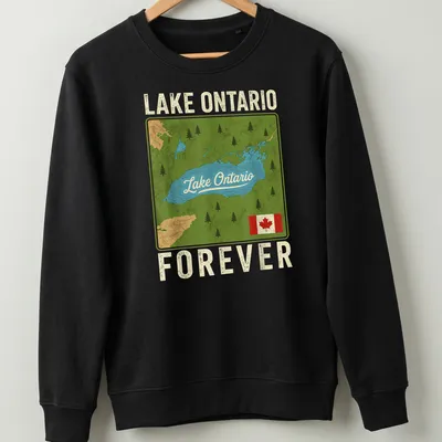 Vintage map style t-shirt featuring Lake Ontario Forever in various colors — printed on a unisex sweatshirt
