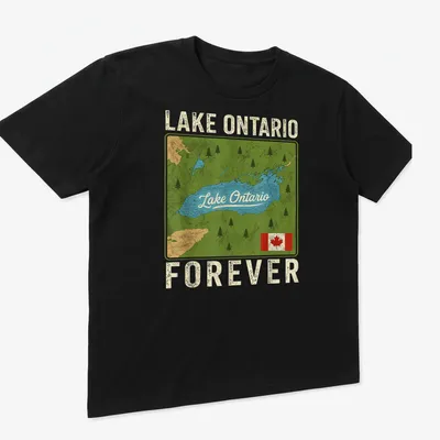 Vintage map style t-shirt featuring Lake Ontario Forever in various colors — printed on a unisex t-shirt (angled view)
