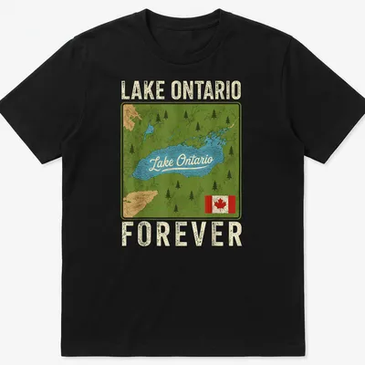 Vintage map style t-shirt featuring Lake Ontario Forever in various colors — printed on a unisex t-shirt